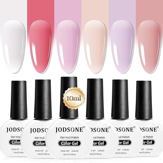 JODSONE 10ml Jelly Gel Nail Polish Set 6 Pale Colours White Pale Red Soft Pink Natural Nude Pale Purple Fresh Pink Purple All Seasons Neutral Soak off LED Lamp Gel Manicure Set for Nail Art-GlimoraGlow