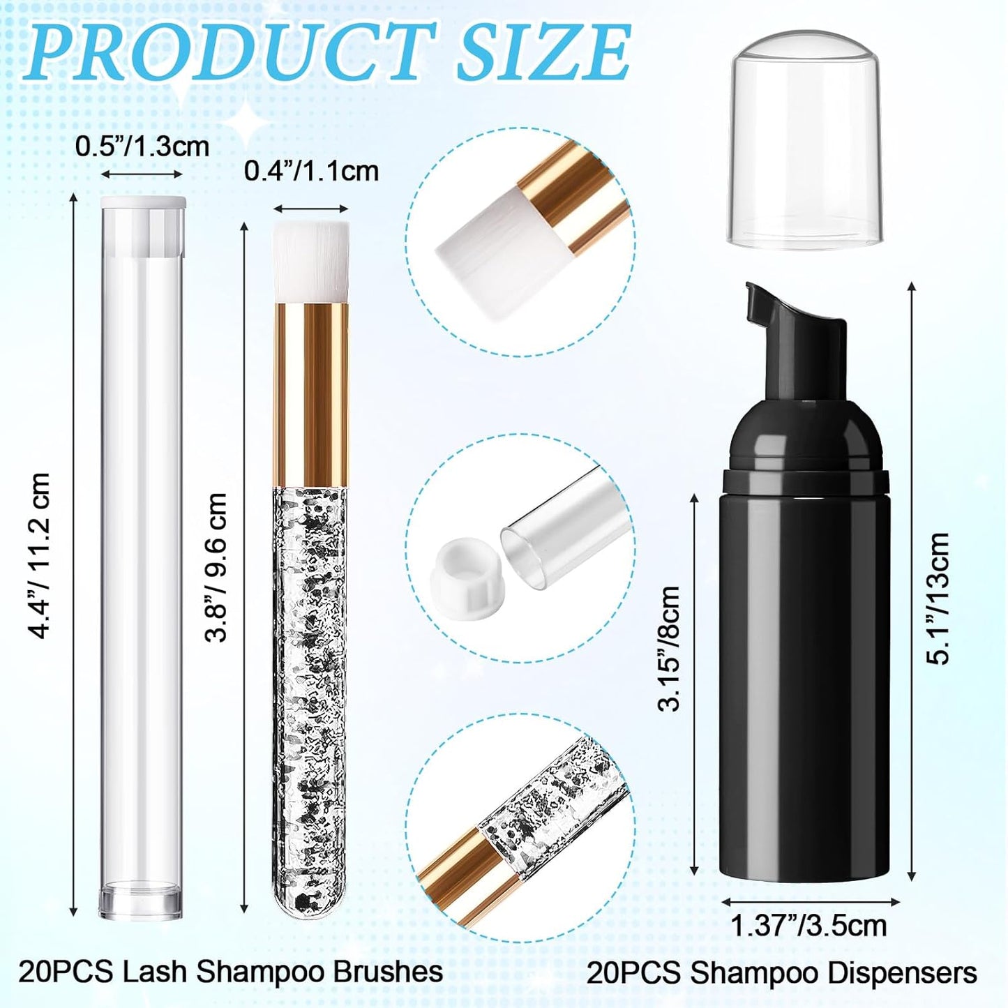 Zhehao 80 Pcs Lash Shampoo Bottle Brushes Kit 20 Foam Pump Dispensers 20 Lash Shampoo Brushes 20 Eyelash Aftercare Bag 20 Cleaning Pipes, Eyelash Extension Supplies(Black)-GlimoraGlow
