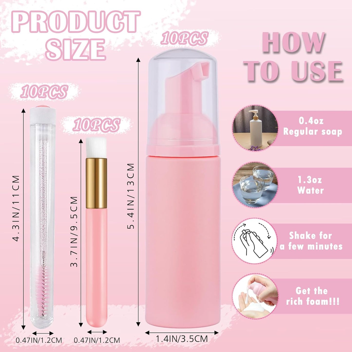 50PCS Lash Shampoo Bottles Brushes Set, Empty Lash Shampoo Bottle, Lash Cleaning Brush, Eyelash Extension Tube Brush, Instructions Cards, Aftercare Bags for Lash Business Clients (50pcs in pink)-GlimoraGlow