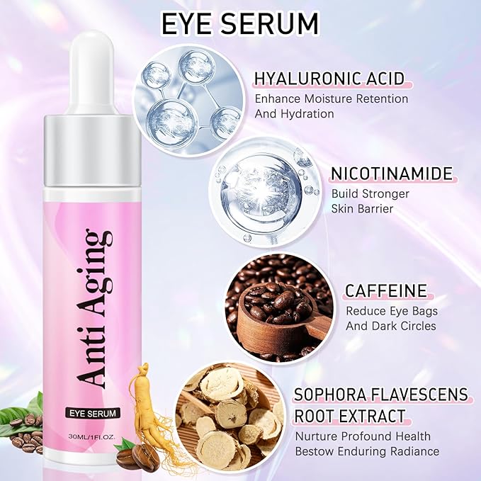 5% Caffeine Eye Cream Eye Serum Kit for Dark Circles Under Eye Treatment For Puffiness Bags And Wrinkles Eye Cream Anti Aging Eye Serum & Eye Roller 2 Fl Oz-GlimoraGlow