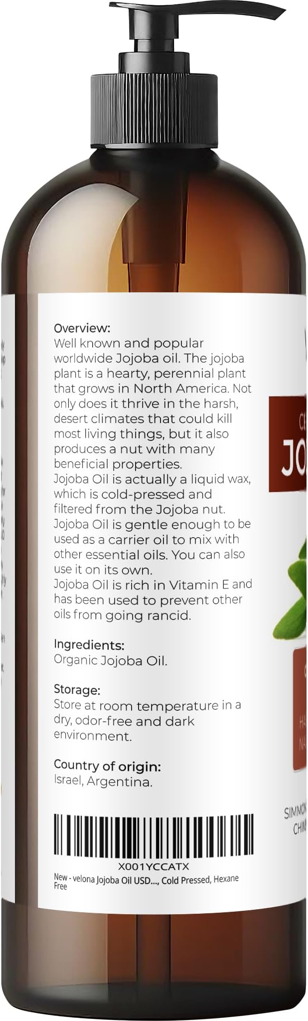 velona Jojoba Oil USDA Certified Organic - 16 fl oz (With Pump) | 100% Pure and Natural | Golden, Unrefined, Cold Pressed, Hexane Free | Moisturizing Face, Hair, Body, Skin Care-GlimoraGlow