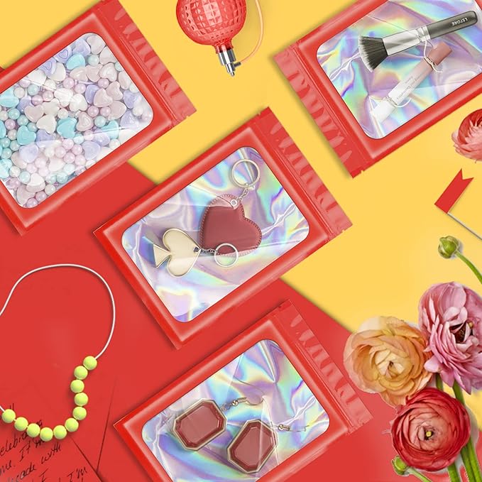 100 Pieces Smell Proof Mylar Resealable Bags, Holographic Packaging Bags, Resealable Odor Foil Pouch Zip Bag with Clear Window for Food Storage and Lipgloss, Jewelry Lash (Red, 3.5 x 6.3 Inch)-GlimoraGlow