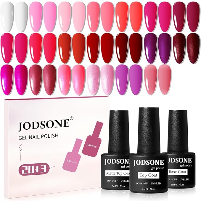 JODSONE 23 PCS Glitter Gel Polish with Soak off Base Coat Matte and Glossy Top Coat Glitter Red Pink Color High Shine and Fashion Gel Nail Polish Kit-GlimoraGlow