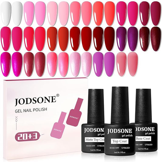 JODSONE 23 PCS Glitter Gel Polish with Soak off Base Coat Matte and Glossy Top Coat Glitter Red Pink Color High Shine and Fashion Gel Nail Polish Kit-GlimoraGlow