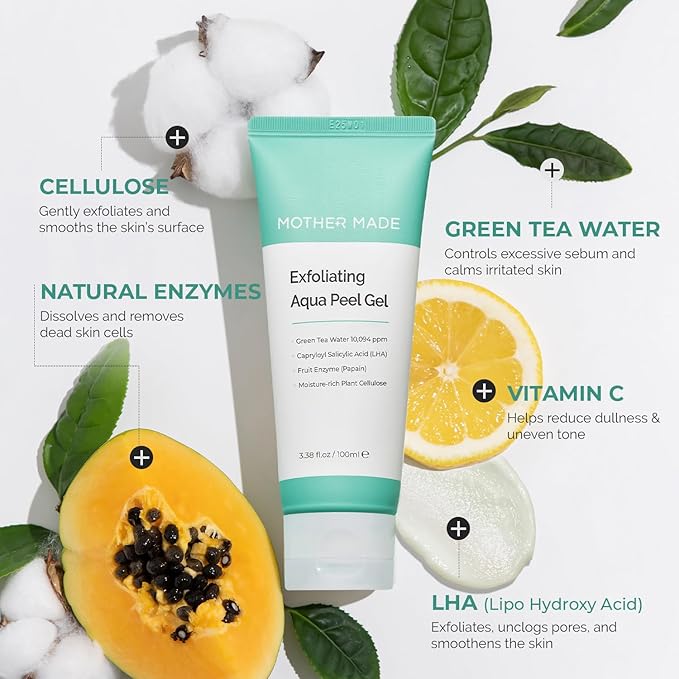 MOTHER MADE LHA Green Tea Exfoliating Aqua Peel Gel, Pore Care, Gentle Facial Exfoliator, Dead Skin Remover, Natural Cellulose for Peeling, Vegan, Korean Skincare, 2 Pack (100ml / 3.38 fl.oz)-GlimoraGlow