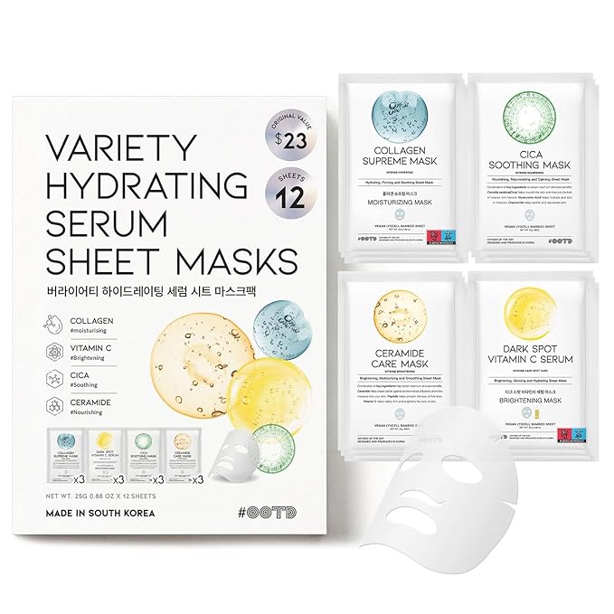 #OOTD Face Mask Korean Skincare for Dry Sensitive Skin | Hydrating, Revitalizing, Calming, Collagen, Ceramide, Cica, Vitamin C Serum Sheet Masks (12EA)-GlimoraGlow