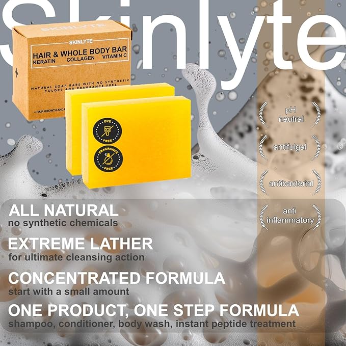 Natural Hair & Whole Body Bar Soap -Hair & Skin Treatment- Keratin & Collagen Peptides | Hair: Promotes Growth, Repair, Strength, Volume | Skin: Anti-Aging, Firm, Elasticity w/Organic Sulfur-GlimoraGlow