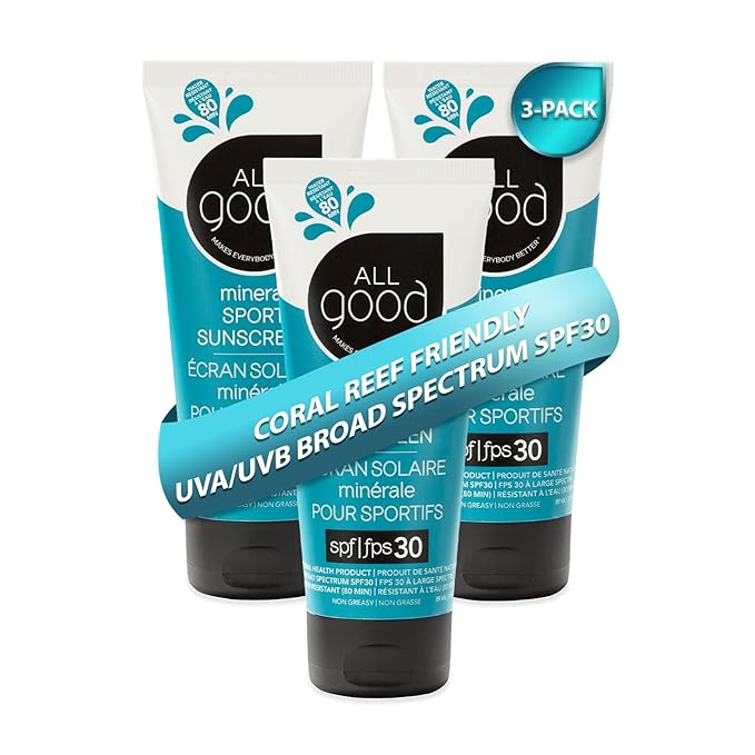 All Good Sport Mineral Sunscreen Lotion - Coral Reef Friendly, Water & Sweat Resistant, Face & Body, UVA/UVB Broad Spectrum SPF 30+ (3 oz)(3-Pack)-GlimoraGlow