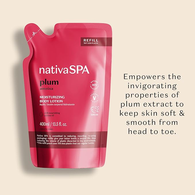 Nativa SPA by O Boticário, Plum Moisturizing Body Lotion Refill Pack, Fragranced Moisturizer Enriched with Purified Quinoa Drops to Boost Hydration, 13.5 Ounce-GlimoraGlow