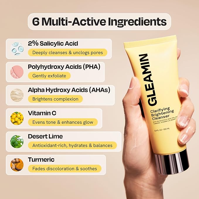 Gleamin Vitamin C Face Wash & Facial Cleanser - Cream to Foam 2% Salicylic Acid Cleanser with Paw Paw & Turmeric - Gentle Exfoliating Facewash for Women & Men, Oily & Combination Skin, 3.4 fl oz-GlimoraGlow