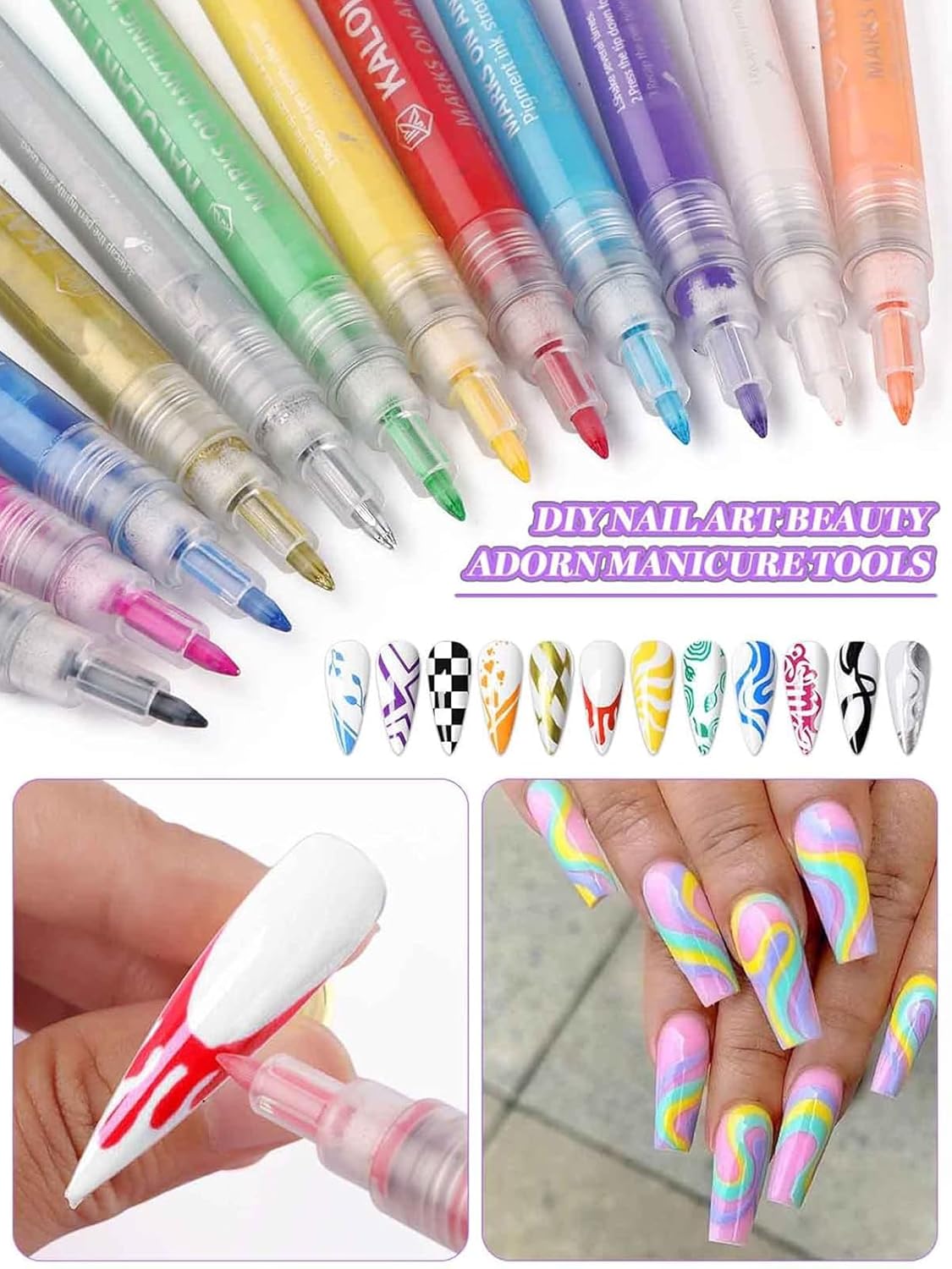 12 Color 3D Nail Art Pens Set, Kalolary Nail Point Graffiti Dotting Pen Drawing Painting Liner Brush for DIY Nail Art Beauty Adorn Manicure Tools-GlimoraGlow