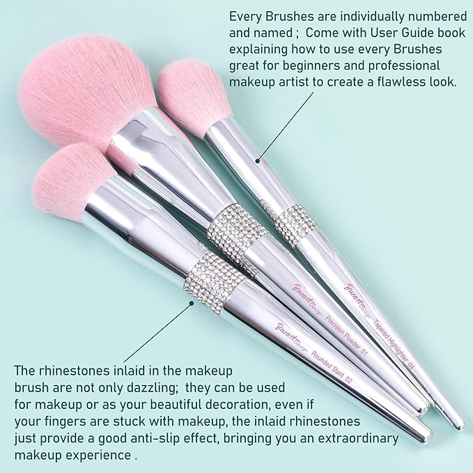 Bueart Design Elegant pink Ultra soft labeled Makeup Brushes Sets with Brush Holder makeup brush set with Foundation Powder blush blending contour Brush (15Pcs Silver Pink+Holder)-GlimoraGlow