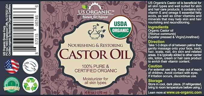 US Organic Castor Oil, USDA Certified Organic,Expeller Pressed, Hexane Free, 100% Pure & Natural moisturizing and emollient properties, For Skin, Hair Care, Eyelashes, DIY projects (4 oz (115 ml))-GlimoraGlow