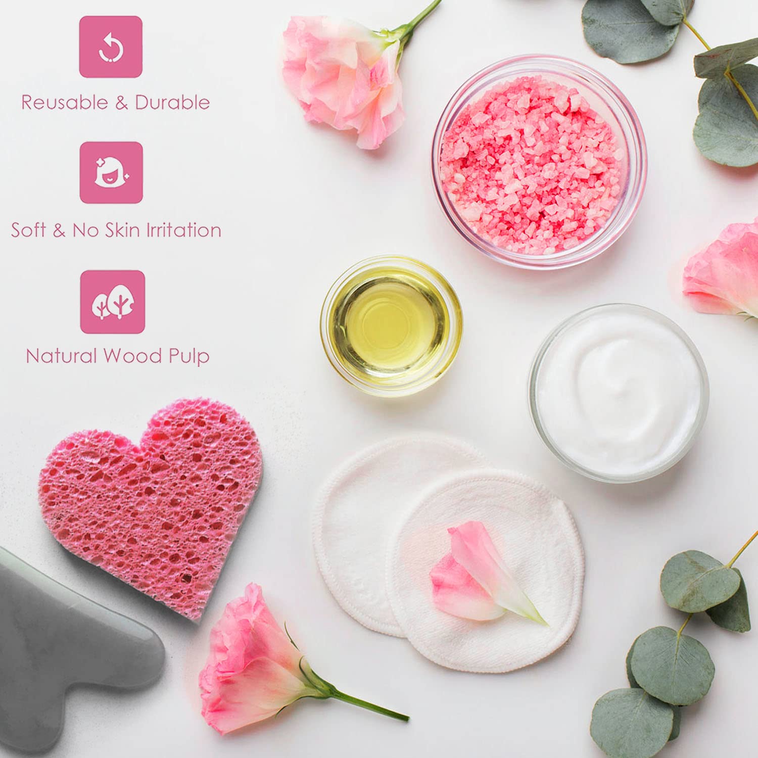 60-Count Compressed Facial Sponges | Makeup Remover Sponge | 100% Natural Cosmetic Spa Sponges for Facial Cleansing | Exfoliating Mask | Face Scrubber (Heart)-GlimoraGlow