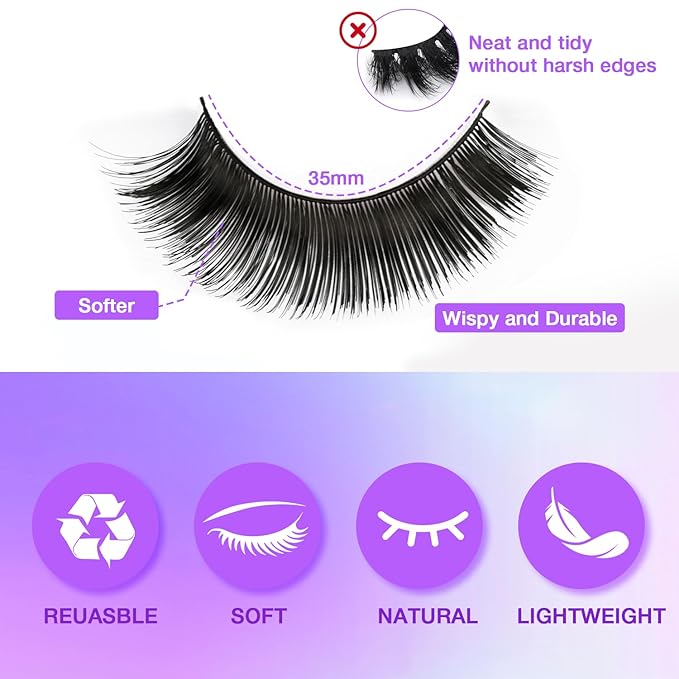 Fluffy False Eyelashes Kit With Bond, Seal and Tweezer, 7 Pairs Natural Look Fake Cat Eye Lashes Strips Thin Band Extensions Waterproof Easy Eyelashes for Beginners DF79-GlimoraGlow