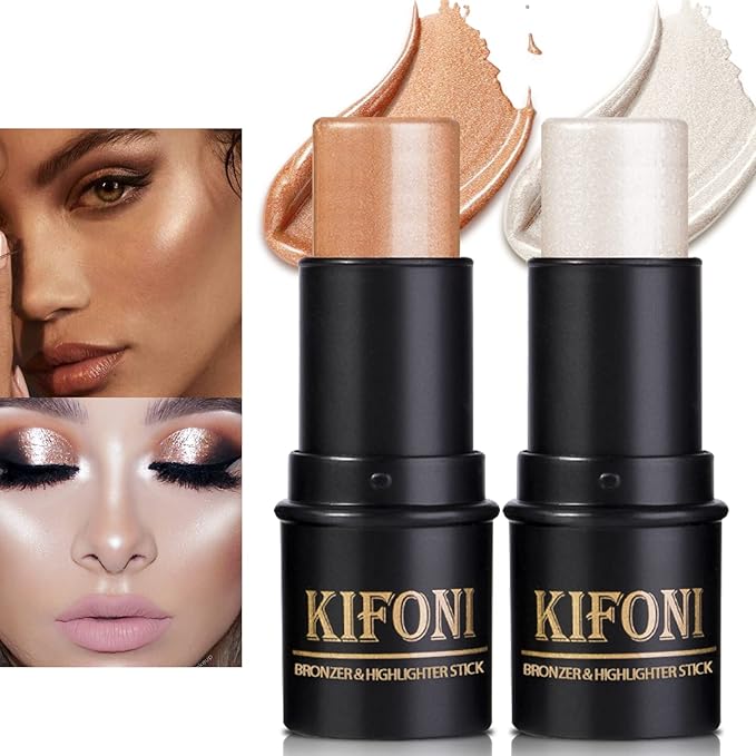 2 Pcs Cream Contour Stick Makeup Kit, Cream Highlighter Stick & Contour Bronzer Stick for Cheeks, Lightweight Blendable Smooth -Highlighter (#03 Champagne Gold #06 Silver)-GlimoraGlow