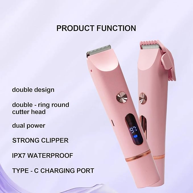 2025 Upgraded Bikini Trimmer for Women & 2 in 1 Dermave Bikini Shaver with LCD Display, Dual Head Cordless Electric Shaver, IPX7 Waterproof Wet/Dry Body Hair Trimmer for Face Body Intimate Areas,Pink-GlimoraGlow