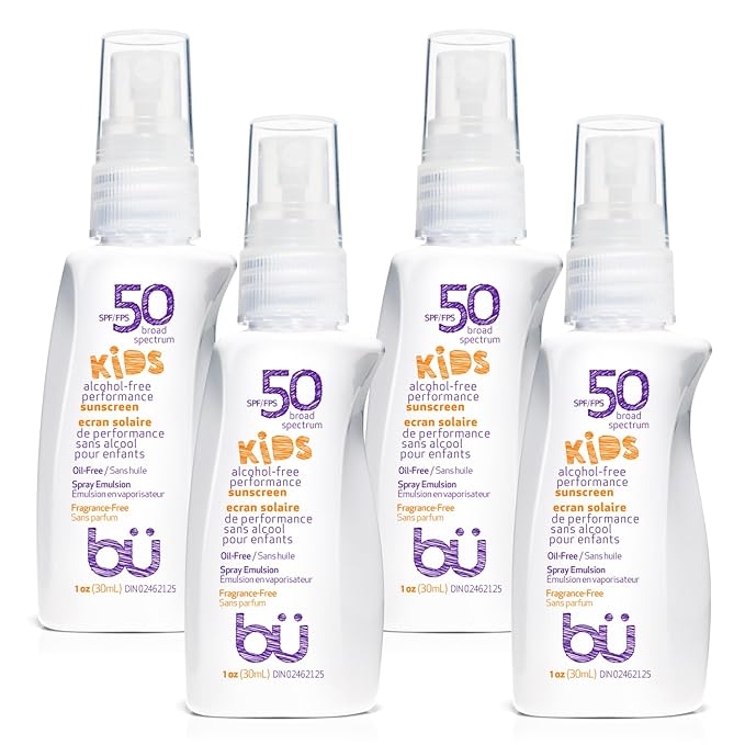 BU SPF 50 Fragrance Free Kids Sunscreen Spray for Face and Body, TSA Travel Size Sunscreen, Clear Non Aeorsol Spray, Non Greasy, Water Resistant and Oil Free, 1 oz (4-pack)-GlimoraGlow