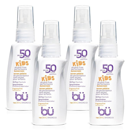 BU SPF 50 Fragrance Free Kids Sunscreen Spray for Face and Body, TSA Travel Size Sunscreen, Clear Non Aeorsol Spray, Non Greasy, Water Resistant and Oil Free, 1 oz (4-pack)-GlimoraGlow