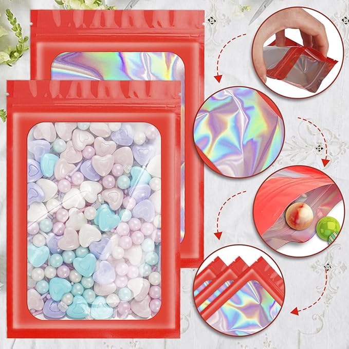100 Pieces Smell Proof Mylar Resealable Bags, Holographic Packaging Bags, Resealable Odor Foil Pouch Zip Bag with Clear Window for Food Storage and Lipgloss, Jewelry Lash (Red, 3.5 x 6.3 Inch)-GlimoraGlow