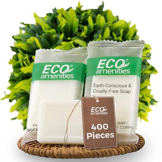 ECO amenities Travel Size Bar Soap - 400 PACK, 0.5 oz Mini Soap Bars, Hotel Soap Bars, Travel Size Toiletries - Individually Wrapped Bulk Soap Bar, Small Hotel Soaps for BNBs, VRBO, Inns and Hotels-GlimoraGlow