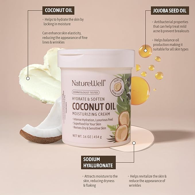 NATURE WELL Hydrate & Soften Coconut Oil Moisturizing Cream for Face, Body, & Hands, Non-Greasy, Intense Hydration & Luxurious Feel, Revives Dry & Sensitive Skin, Superfood for Your Skin, 16 Oz-GlimoraGlow