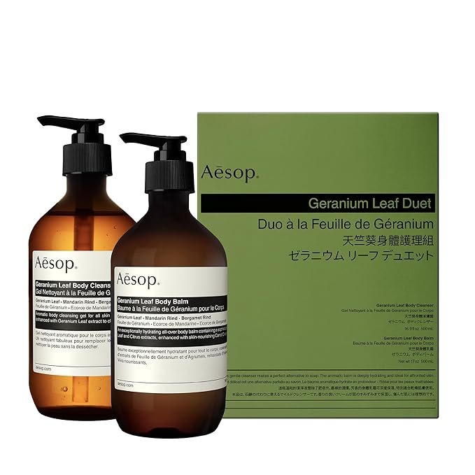 Aesop Geranium Leaf Duet | Gel Body Cleanser & Body Balm | Aromatic Pairing For Cleansed and Supple Skin | Paraben-Free, Cruelty-Free & Vegan |16.9 oz + 16.5 oz-GlimoraGlow