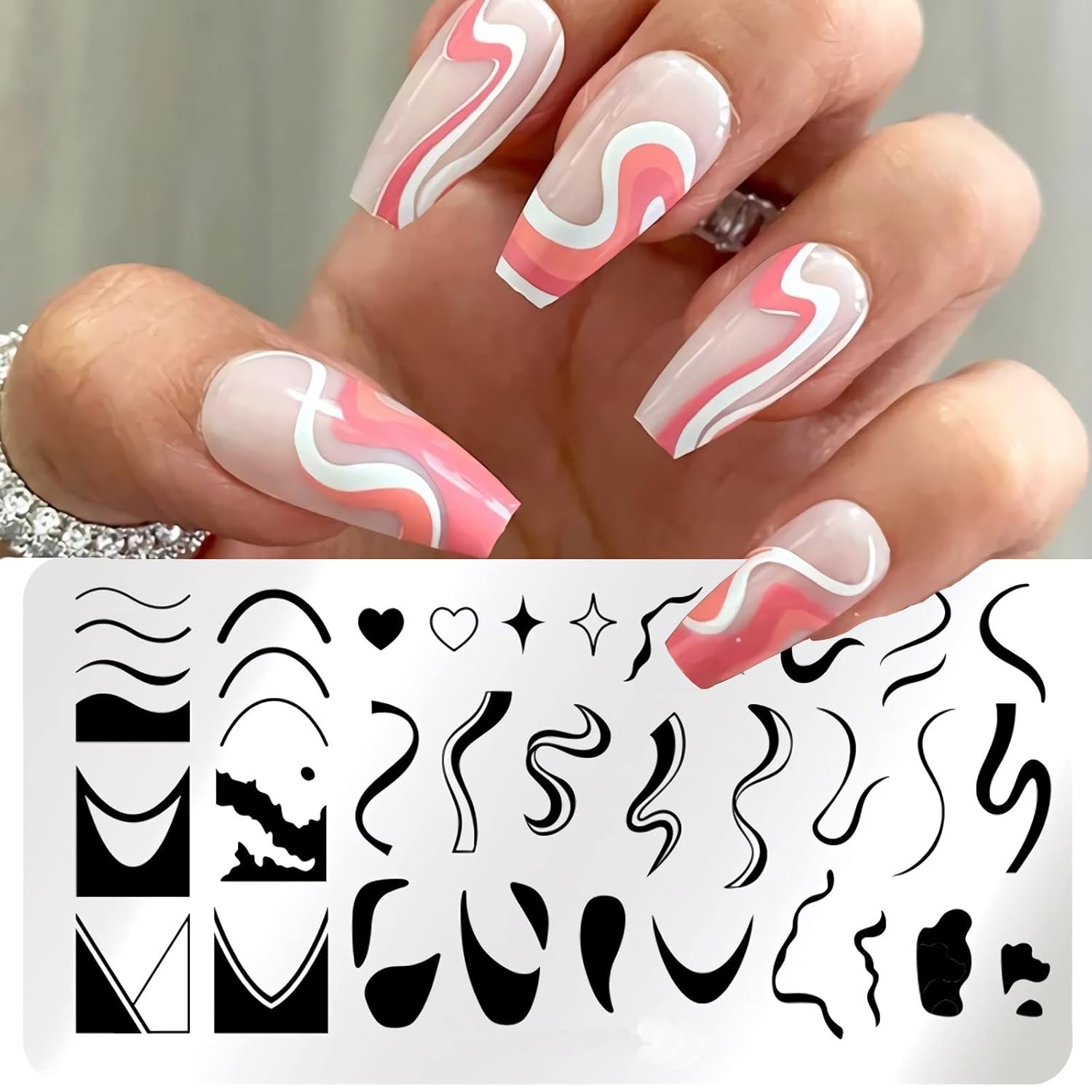1 Pcs French Nail Stamping Plates Wavy Striped Tip Nail Stamp Template Heart Nail Design Stencil-GlimoraGlow