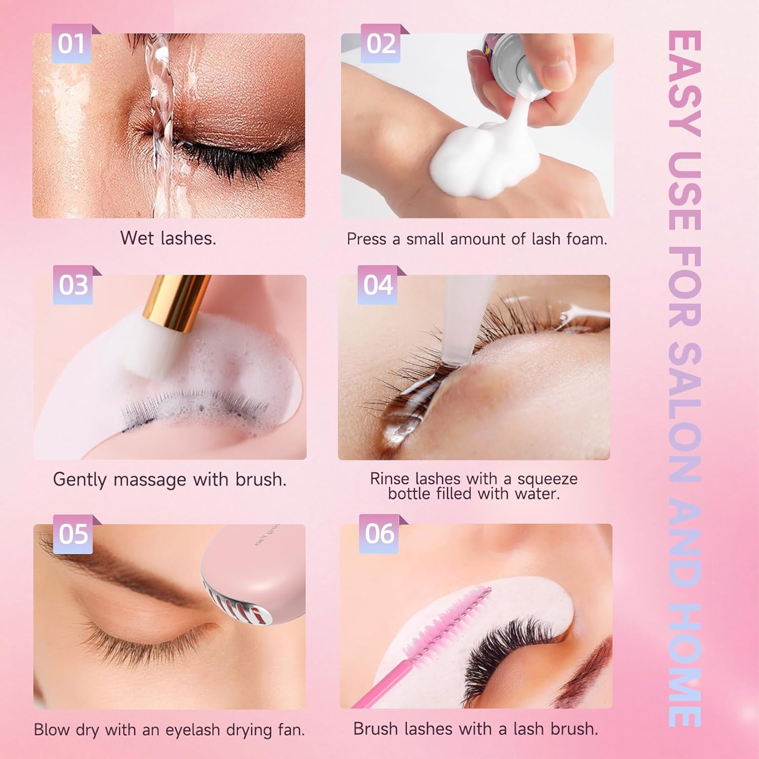 Buqikma Lash Cleaning Kit - 2PCS Lash Shampoo Eyelash Wash Kit with Fan Dryer Rinse Bottle for Eyelash Extensions Cleanser Mascara Remover Cleaning Brush for Lashes Extension Cleaner at Home Salon-GlimoraGlow