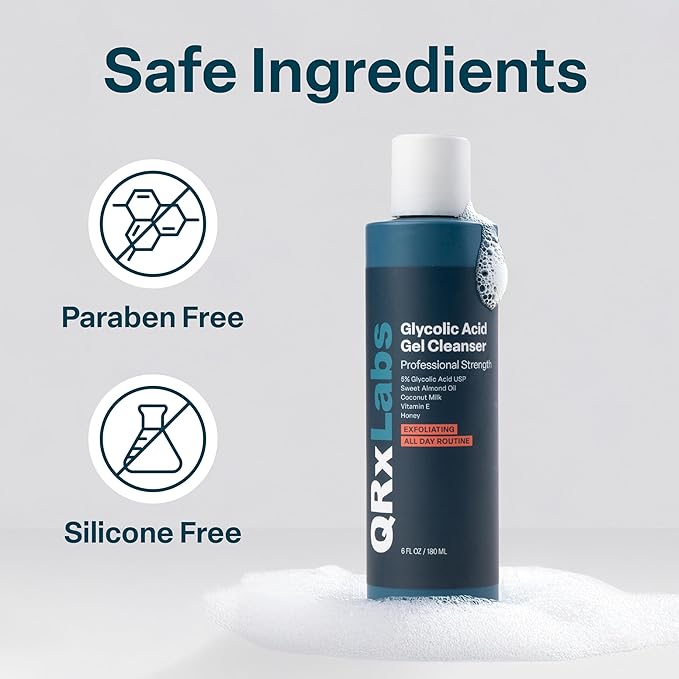QRxLabs Glycolic Acid Face Wash – Gentle Exfoliating Gel Cleanser for Smoother Looking Skin – Helps Improve Texture & Hydration – Ideal for Blemish-Prone Skin and Ingrown Hairs – 6 oz-GlimoraGlow