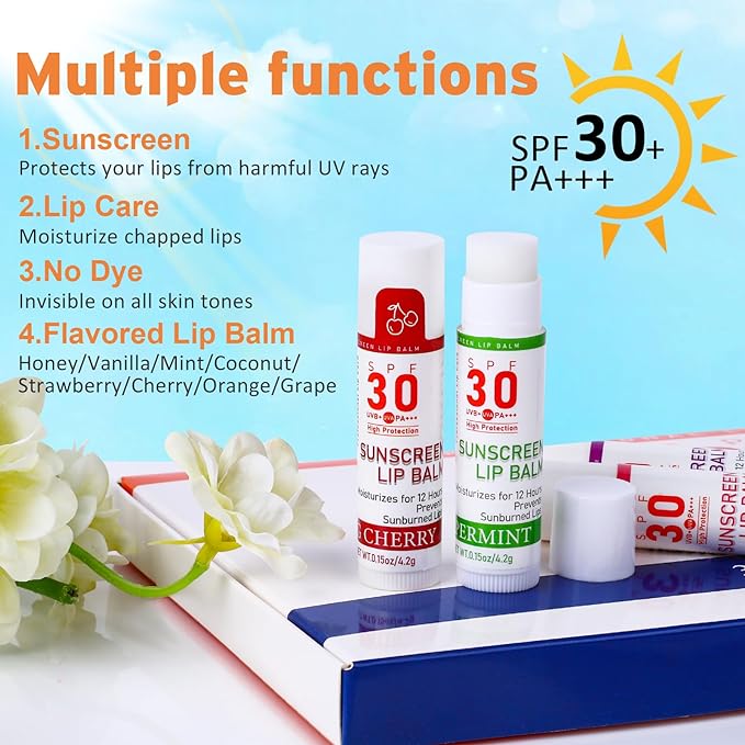 SPF 30 Lip Balm with Sunscreen, SPF Lip Balm Bulk Travel Size-32 Pack, Hydrating Lip Balm Pack with Vitamin E and Coconut Oil- 8 Flavors-GlimoraGlow