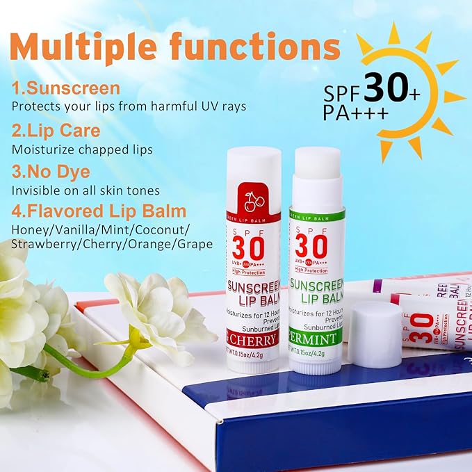 SPF 30 Lip Balm with Sunscreen, SPF Lip Balm Bulk Travel Size-64 Pack, Hydrating Lip Balm Pack with Vitamin E and Coconut Oil- 8 Flavors-GlimoraGlow