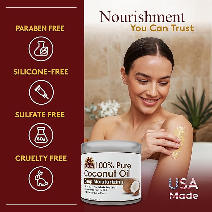 Okay 100% Pure Coconut Oil for Hair & Skin - Coconut Oil for Women & Men, Perfect for Hair & body, Natural Massage Oil & Moisturizer - 6 fl oz Jar (Pack of 1)-GlimoraGlow
