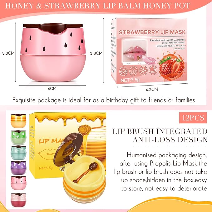 12 Pcs Bee Lip Balm Honey Pot with Brush Propolis Lip Mask Overnight, Moisturizing Hydrating Lip Sleeping Mask Prevention Dry and Cracked(Honey+Peach+Grape+Strawberry+Apple Lime+Mint)-GlimoraGlow