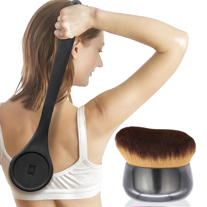 Extra Large Body Makeup Brush For Self Tanner, Sunscreen, Self Tan Back Applicator, Wide-Headed Kabuki Brush for Even& Pretty Lotion Application. Bronzer Blend, Long-Handle Face Leg Brush- Black Set-GlimoraGlow