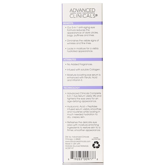 Advanced Clinicals 5-in-1 Eye Serum | Multi-Benefit Visible Anti Aging Under Eye Serum Face Moisturizer Reduces Appearance Of Dark Circles, Puffy Eyes, Crows Feet, Wrinkles, & Fine Lines, 2-Pack-GlimoraGlow