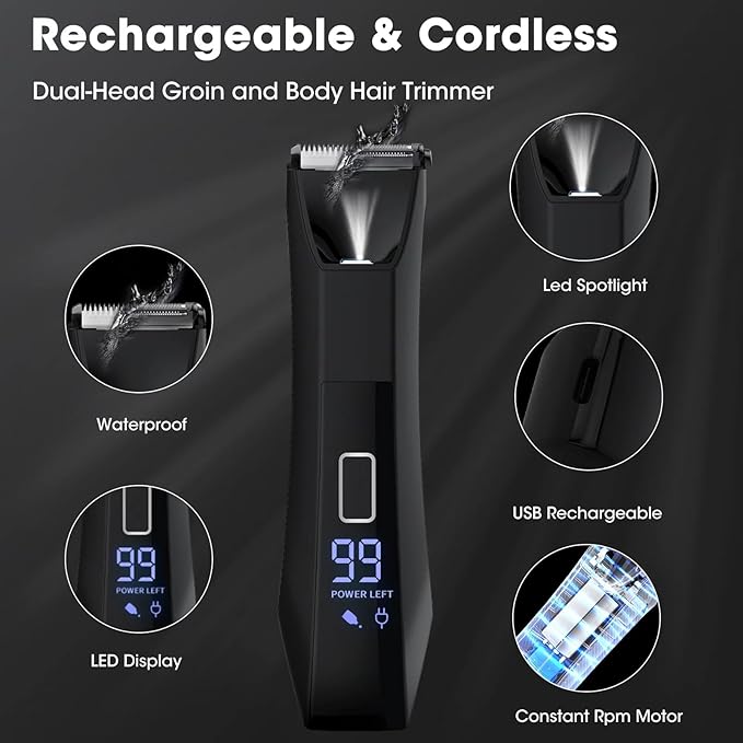 2-in-1 Manscape Trimmer for Men,Body & Groin Hair Trimmers for Men,Bikini Trimmer Women- Wet/Dry Electric Razors for Smooth No-Nick Shaving,IPX7 Waterproof Ball Shaver,LED Display,Black-GlimoraGlow