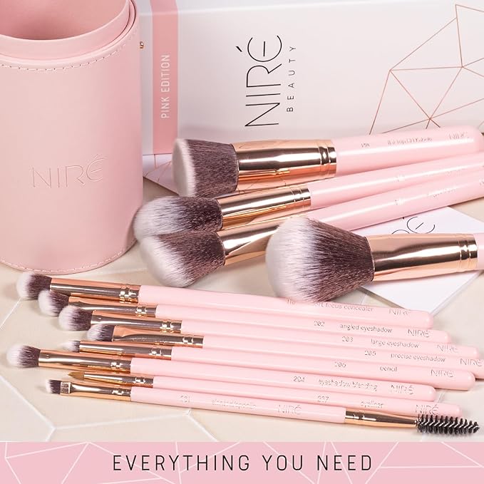 Niré Beauty 15piece Award Winning Pink Makeup Brushes: Pink Makeup Brush Set with Case, Makeup Sponge, Brush Cleaner, Guide, Gift Box-GlimoraGlow