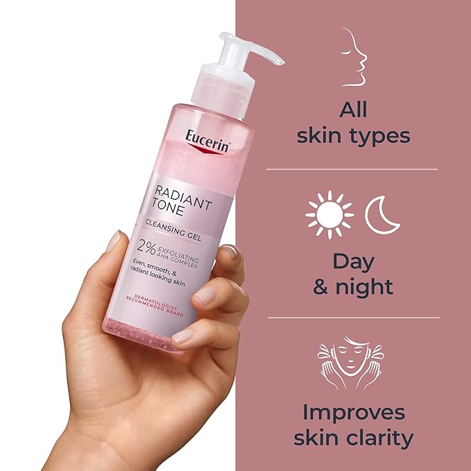 Eucerin Radiant Tone Face Cleanser Gel with 2% Exfoliating AHA Complex, Gentle Face Wash Improves Skin Clarity and Boosts Radiance, All Skin Types, 6.8 Fl Oz Bottle-GlimoraGlow