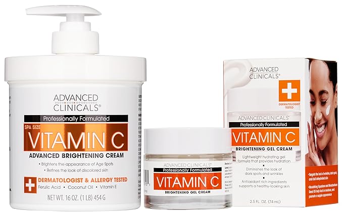 Advanced Clinicals Brightening Vitamin C Body Cream + Potent Vitamin C Face Moisturizer Gel Cream 2pc Skincare Set For Women & Men To Diminish Appearance Of Dark Spots, Wrinkles, & Dry Skin, 2pc Set-GlimoraGlow