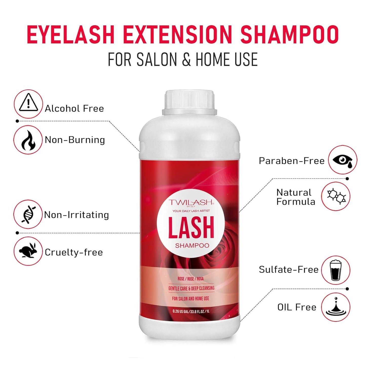 Lash Shampoo Bulk, Eyelash Cleanser for Extensions 1 Liters, Safe Makeup Remover, Non-irritating or Burning Formula Eyelid Foaming Cleanser for Professional Salon and Home Use (Rose-1L)-GlimoraGlow