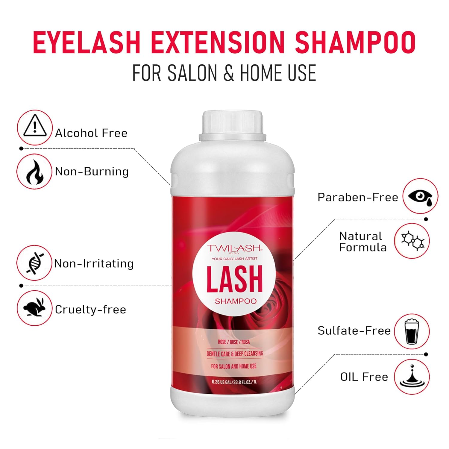 Lash Shampoo Bulk, Eyelash Cleanser for Extensions 1 Liters, Safe Makeup Remover, Non-irritating or Burning Formula Eyelid Foaming Cleanser for Professional Salon and Home Use (Rose-1L)-GlimoraGlow