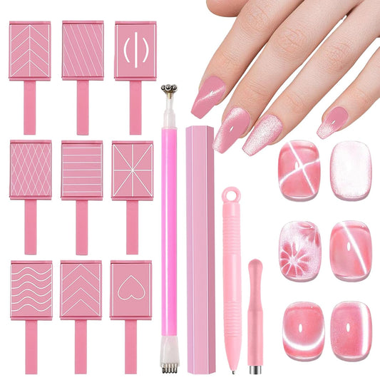 13pcs Pink Cateye Magnet for Nails Double-Ended Hexagon Nail Magnet Stick Flower Cat Eye Magnetic Pen 9 Stripe Nail Magnet Plates for Cat Eye Gel Nail Polish-GlimoraGlow