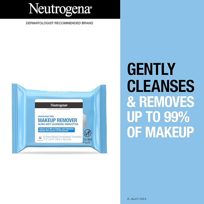 Neutrogena Fragrance-Free Makeup Remover Wipes, Daily Facial Cleanser Towelettes, Gently Removes Oil & Makeup, Alcohol-Free Makeup Wipes, 25 ct-GlimoraGlow