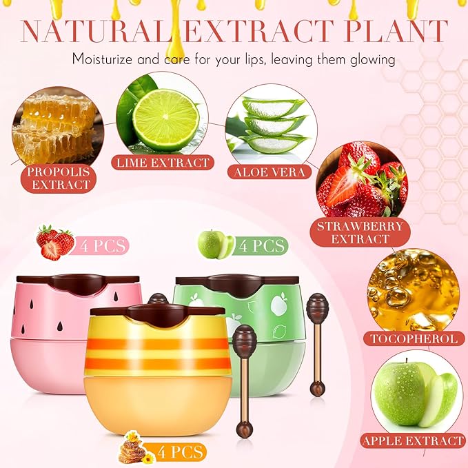 12 Pcs Bee Lip Balm Honey Pot with Brush Propolis Lip Mask Overnight, Moisturizing Hydrating Lip Sleeping Mask Prevention Dry and Cracked(Honey+Strawberry+Apple Lime)-GlimoraGlow