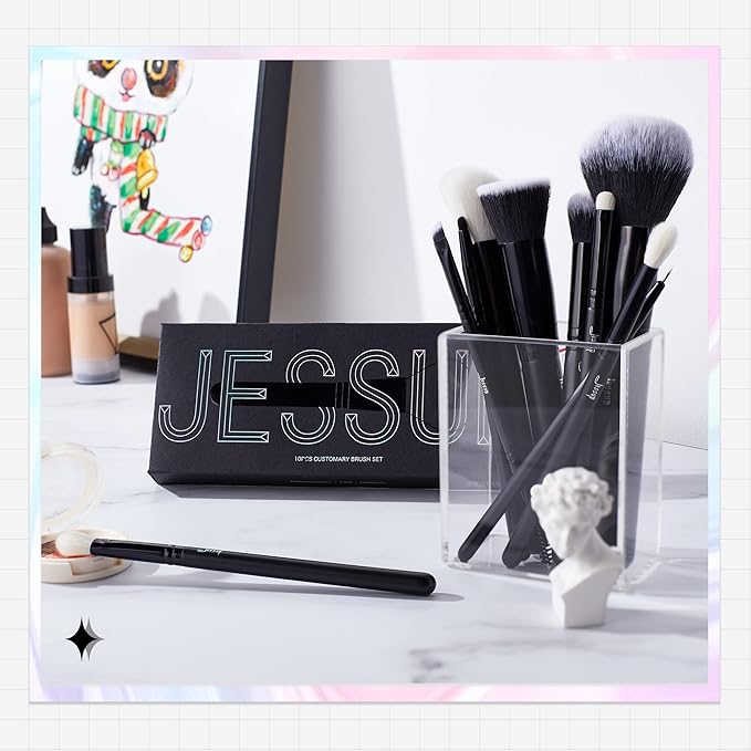 Jessup Makeup Brush Set 10pcs Black Make up Brushes Set Professional with Natural Synthetic Hair for Foundation Blending Blush Concealer Eyeshadow Eyebrow Eyeliner, T323-GlimoraGlow