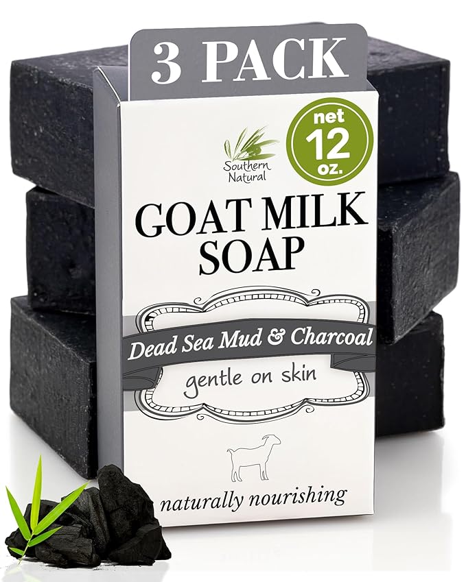 Southern Natural Activated Charcoal Soap Bar (3 Pack) Face and Body Soap For Sensitive Skin With Dead Sea Mud, Goat Milk & Peppermint Essential Oil-GlimoraGlow
