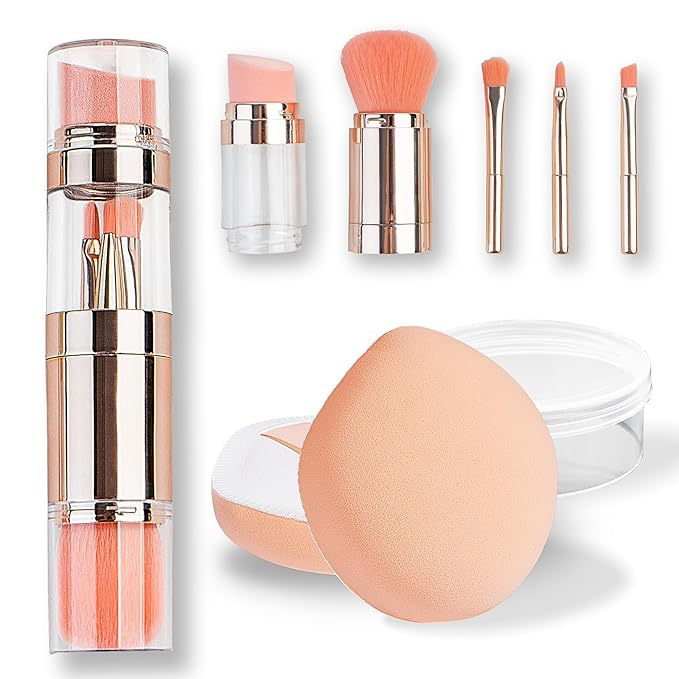 kullder 5-in-1 Makeup Brush Travel Makeup Brush set Dual Ended Mini Makeup Brush Pen Foundation Powder Concealer Shadow Blush Makeup Brushes with 2 Sponge Puff Womens Gift Idea for Beauty Lover-GlimoraGlow