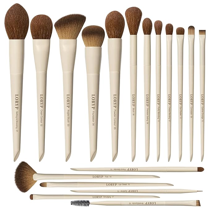 LORYP Makeup Brushes Set Labeled 18 Piece Face and Eye Brush Set Ultra soft hair Foundation, Concealer, Blush, Contour, Blending, Eyeshadow Khaki Brush kit-GlimoraGlow