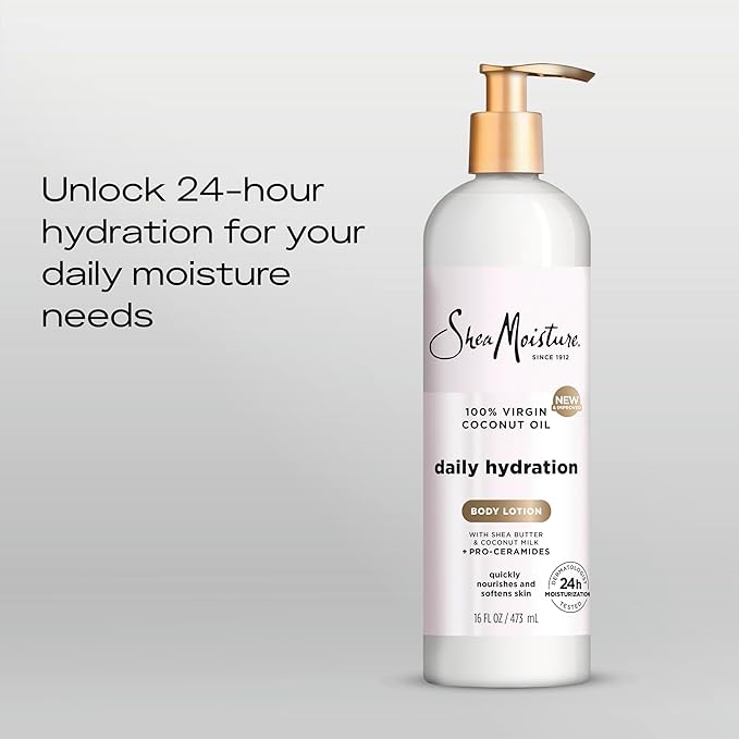 SheaMoisture Daily Hydration Body Lotion with 100% Virgin Coconut Oil, Shea Butter, Coconut Milk and Pro-Ceramides, Quickly Nourish & Soften Skin, 24H Moisturizing 16 oz-GlimoraGlow
